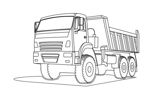 Contour Large Dump Truck Coloring Book Page Three Quarter View — Stock Vector