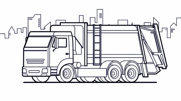 Müllwagen Vektor Kontur Müllwagen Auf Stadthintergrund — Stockvektor