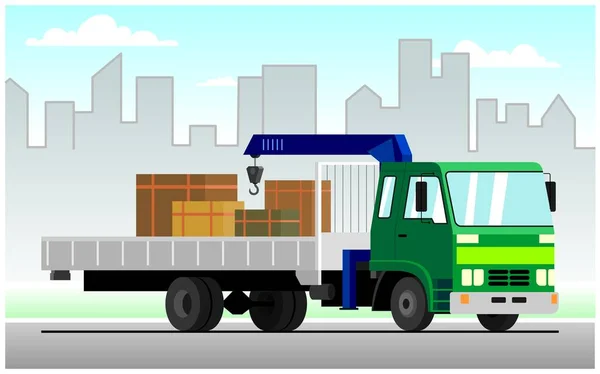 商业卡车起重机 现代移动式液压起重机 用于在城市背景下的货物运输 带绿色小木屋的向量货车起重机在城市各处运送货物 — 图库矢量图片