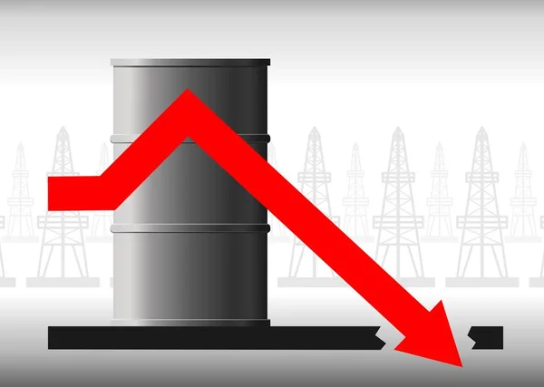 Vektör petrol krizi konsepti. Petrol fiyatlarındaki düşüş, yakıt. Grafiğin kırmızı oku, namlunun arka planına göre sıfırın altına düşüyor. Petrol kuyularından alınan arkaplan.