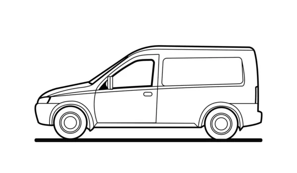 ベクトル輪郭小型バン 貨物車 サイドビュー 本の着色のための広告のための白い空白のバンテンプレート 貨物輸送 現代の平面ベクトル図 — ストックベクタ