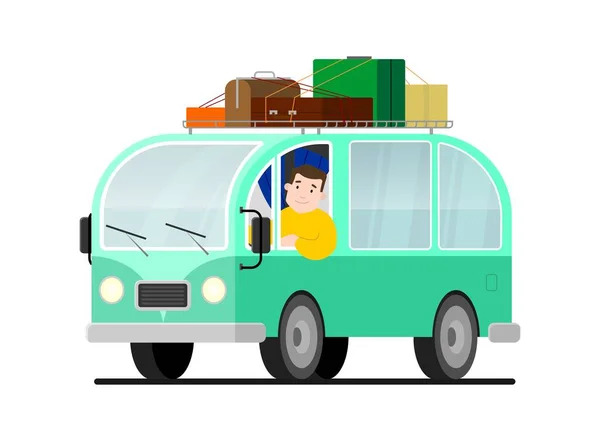 Minivan Travel Man Drives Car Happy Cartoon Man Retro Minivan — Stock Vector