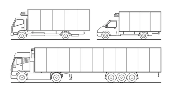 Conjunto Contorno Vectorial Diferentes Camiones Refrigerados Semirremolque Refrigerador Camión Plantillas — Archivo Imágenes Vectoriales