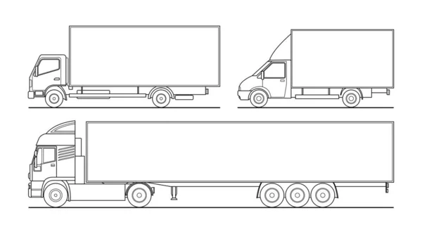 Conjunto Contorno Vectorial Diferentes Camiones Semirremolque Camión Plantillas Blanco Para — Vector de stock