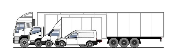 Entrega Mercancías Paquetes Por Diferentes Camiones Furgoneta Carga Camión Conjunto — Archivo Imágenes Vectoriales