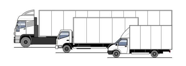 Entrega Mercancías Paquetes Por Diferentes Camiones Camiones Conjunto Vectores Camiones — Archivo Imágenes Vectoriales