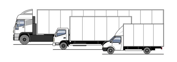 Delivery of goods and parcels by different trucks, lorry. Vector set. Trucks in the parking lot side view. White blank truck template for advertising.