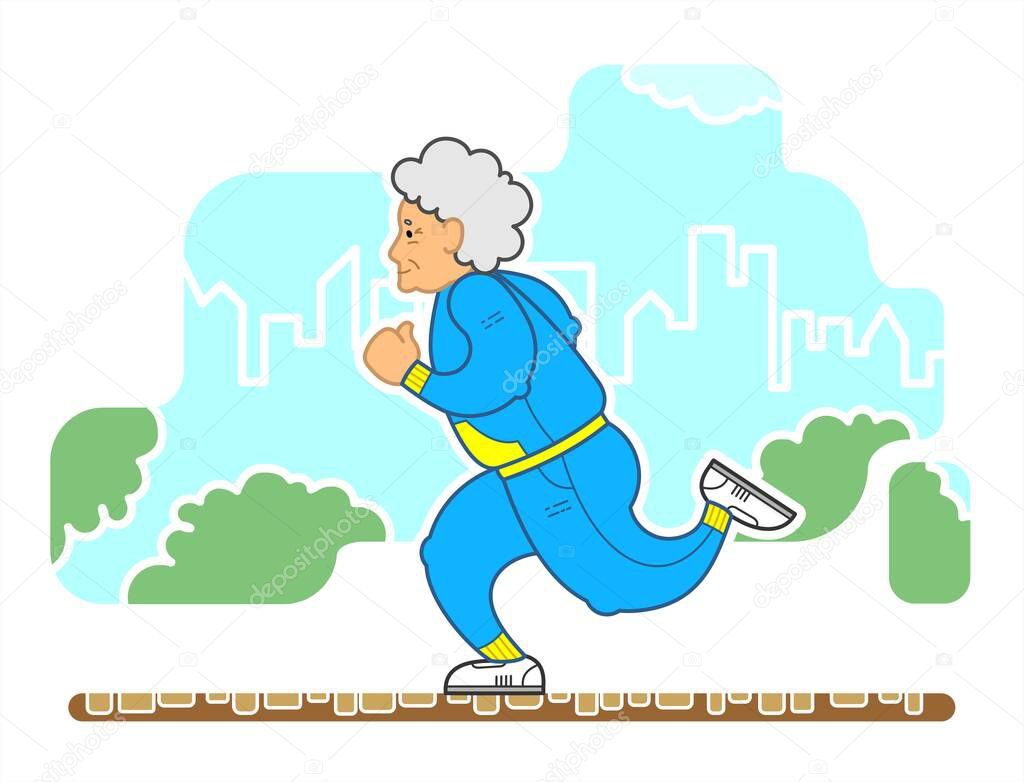 Vector Image Of A Running Old Woman In The Park. An Old Woman With Red Curly Hair, In A Tracksuit, In Sneakers. Elderly Woman, Senile People Concept.