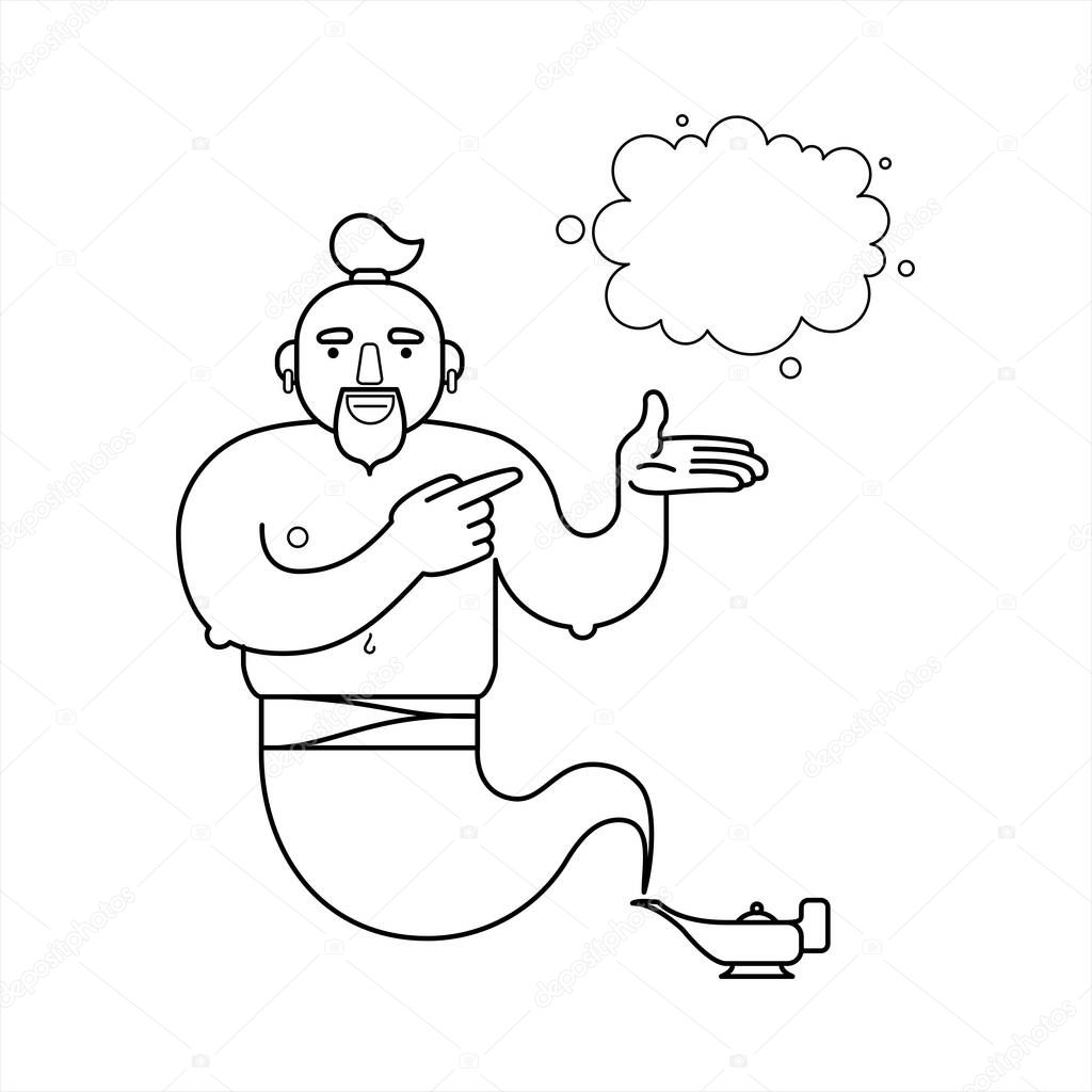 outline, contour genie from a lamp, cartoon character. For coloring book page. The genie will fulfill any three wishes. Draw a wish. Place for drawing. Isolated on a white background.