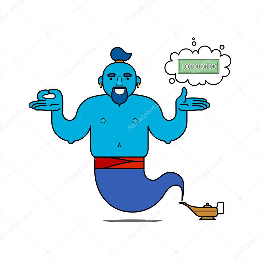 Blue genie from the lamp, cartoon character. The desire to be rich. The genie will easily fulfill any three wishes. Banknote - a symbol of wealth. Illustration, poster, isolated on a white background.