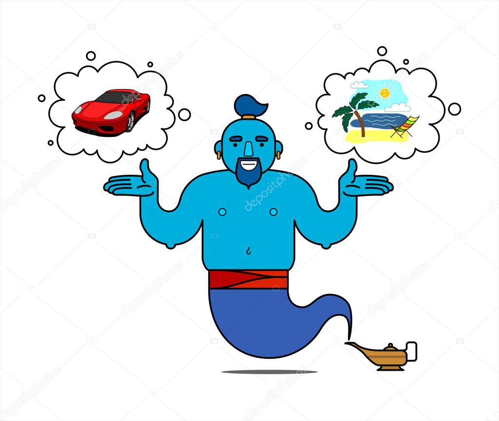 Blue genie from the lamp, cartoon character. The genie will easily fulfill any three wishes. I want a vacation on the sea, I want a cool car. Illustration, poster, isolated on a white background.