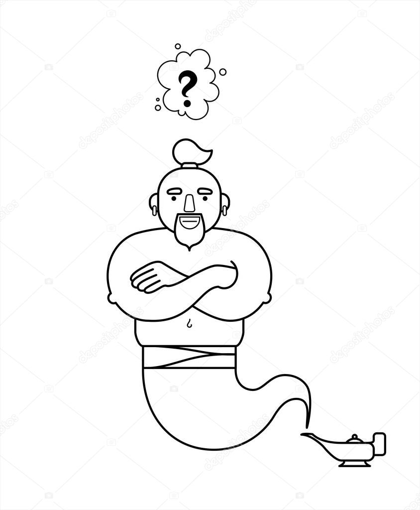 outline, contour genie from a lamp, cartoon character. For coloring book page. The genie will fulfill any three wishes. What desire do you make? Question mark. Isolated on a white background.