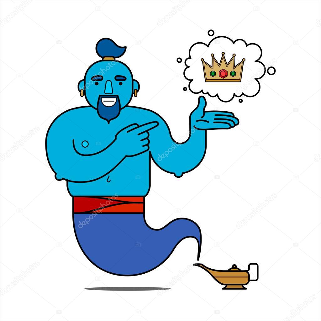 Blue genie from the lamp, cartoon character. The desire to have power. The genie will fulfill any three wishes. The crown is a symbol of power. Illustration, poster, isolated on a white background.