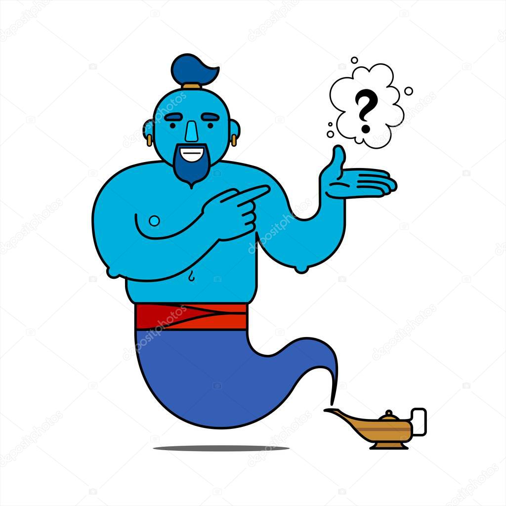 Blue genie from the lamp, cartoon character. What desire do you make? The genie will fulfill any three wishes. Question mark. Illustration, poster, isolated on a white background.
