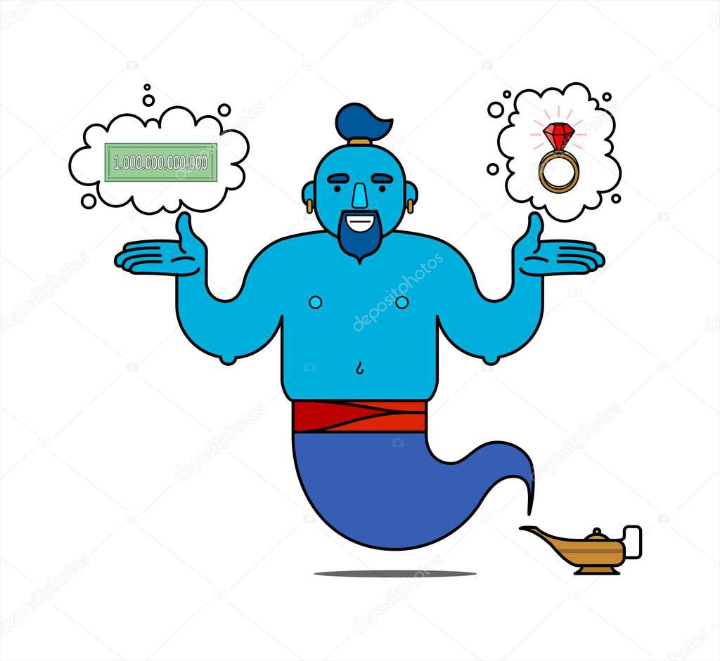 Blue genie from the lamp, cartoon character. The desire to be rich. The genie will easily fulfill any three wishes. Banknote, ring - symbols of wealth. Illustration, poster, isolated on a white background.