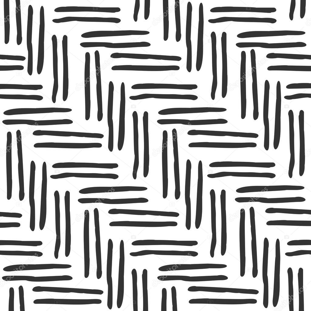 Vector seamless geometric pattern of stripes, hand-drawn lines. Dark gray stripes on a white background. For decor, textile, fabric, carpet, wallpaper, background, wrapping, ceramic tiles. Parquet-like pattern.