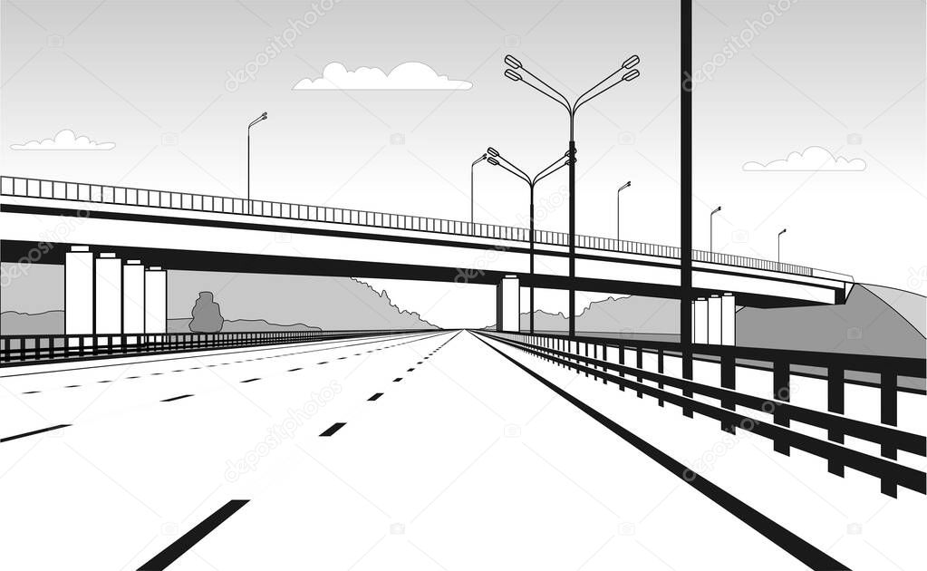 Overpass. Road Junction. The Road Goes Under The Bridge. Elevated Road. Stylized Vector Image.