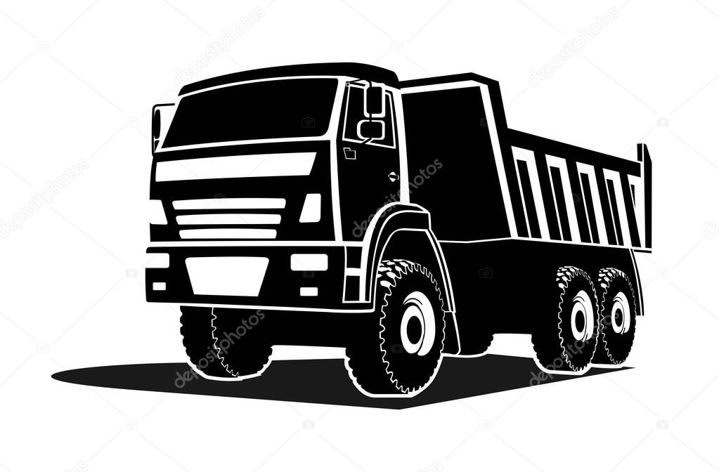 big dump truck silhouette, logo. Three quarter view.
