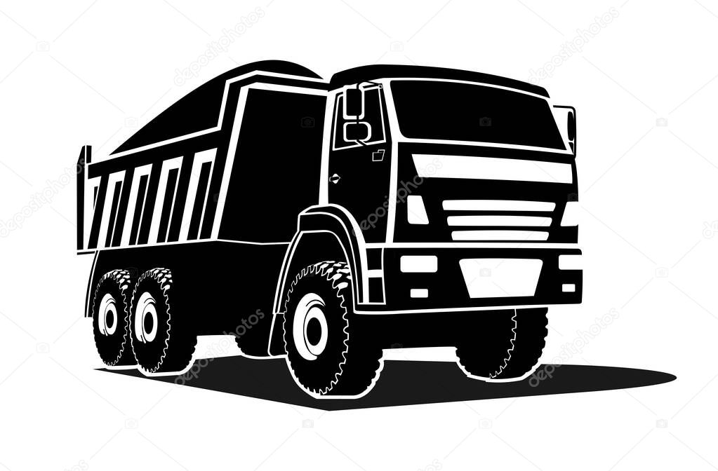 big dump truck silhouette, logo. The dump truck is carrying cargo. Three quarter view.