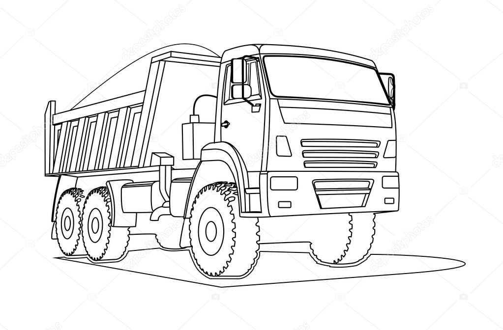 Contour large dump truck. For coloring book page. The dump truck is carrying cargo. Three quarter view.