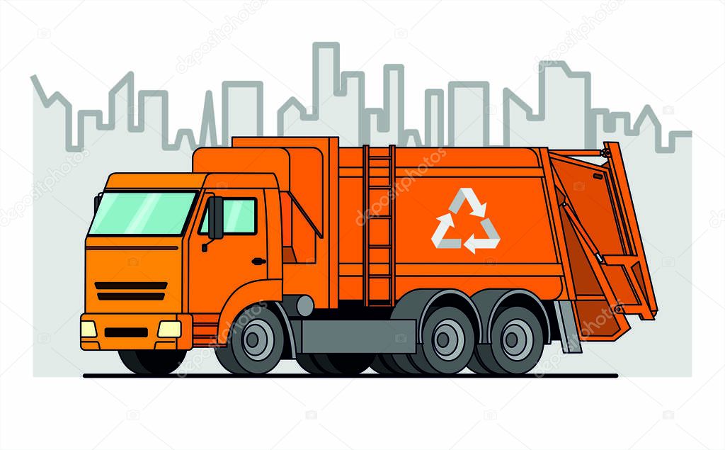 garbage truck; vector orange garbage truck on city background.