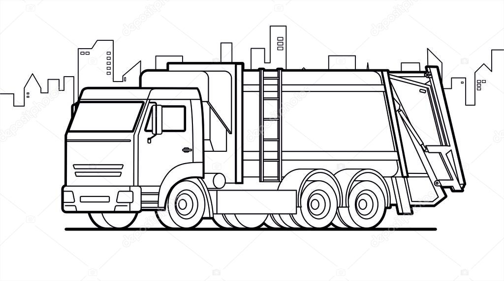 garbage truck; vector contour garbage truck on city background.