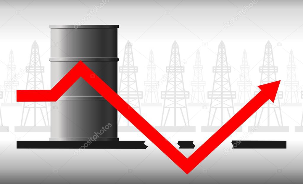 The concept of the oil crisis. The fall in oil prices, fuel. The red arrow of the graph against the background of the barrel falls below the possible, below zero and again goes up.