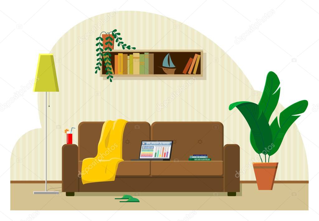 The concept of work from home, remote work. Laptop on the couch, the most comfortable workplace. Cocktail, plaid, books, slippers. Modern flat vector image.