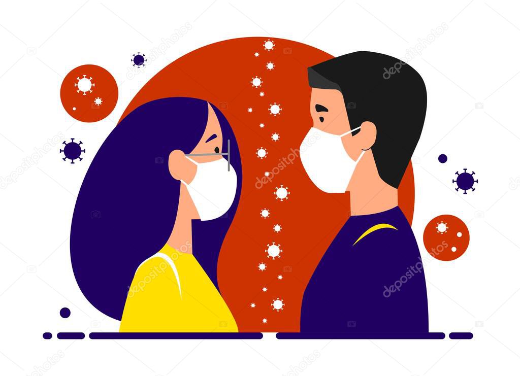A girl and a guy in medical masks are standing opposite each other, between them are viruses. Separated due to coronavirus. Stay home, quarantine, isolation concept. Vector image.