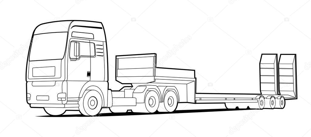 Vector truck; outline, contour tractor, low loader trawl for transportation of road equipment, tractors, graders, scrapers, bulldozers. For coloring book.