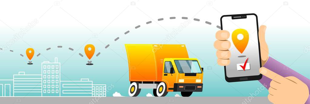 Online service of fast delivery app to a smartphone; truck with order delivery. Man tracking an order using his smartphone. A city street in the background; Logistics and technology concept. Web banner.