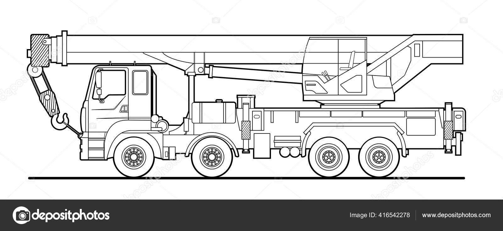 Skisse Lastebilkran Stol Med Kran Sidesikt Lineær Tegning Gutters Fargebok  stockvektor © Antonina85 #416542278, image size:1600x734