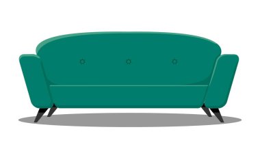 Beyaz arka planda vektör rahat kanepe. İçerideki izole edilmiş yeşil ya da mavi kanepe. Çizgi film düz biçim vektör çizimi.