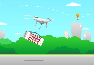 Temassız yemek teslimatı konsepti; pizza. Quadrocopter, İHA pizza, sipariş, kutu teslim eder. Şehir manzarasının arka planına karşı. Modern düz vektör resmi.
