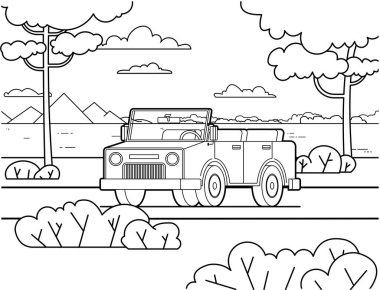 Nehir, ağaçlar, dağlar, nehrin karşısında bir orman. Boyama kitabı sayfası için.