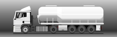 Vektör tankı yan görüntüsü. Kamyon, yarı römork tankı. Reklam için beyaz, boş tank kamyonu şablonu. Petrol, yakıt tankeri. Yük, sıvı taşıma. Modern düz vektör illüstrasyonu.