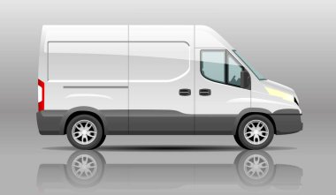Detaylı Gerçekçi Teslimat Van vektör Mockup şablonu. Taşımacılık ve Araba Markası 'nda şirket kimlik tasarımı için kargo kamyonu şablonu. Kargo Minivan Mockup gri arkaplanda izole edildi.