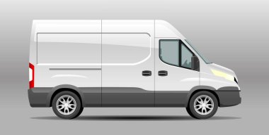 Detaylı Gerçekçi Teslimat Van vektör Mockup şablonu. Taşımacılık ve Araba Markası 'nda şirket kimlik tasarımı için kargo kamyonu şablonu. Kargo Minivan Mockup gri arkaplanda izole edildi.
