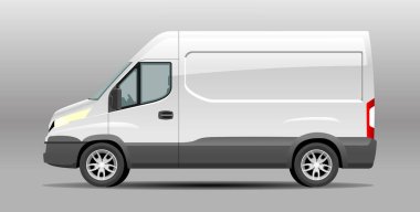 Detaylı Gerçekçi Teslimat Van vektör Mockup şablonu. Taşımacılık ve Araba Markası 'nda şirket kimlik tasarımı için kargo kamyonu şablonu. Kargo Minivan Mockup gri arkaplanda izole edildi.