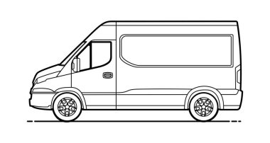 Teslimat aracı vektörü. Boyama kitabı için kargo kamyonu. Vektör Kargo Minivan beyaz arka planda izole edildi. Sürücü kapısı..
