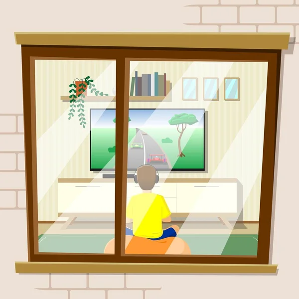 人間の生命の概念 ベクトル 人が住む家の外壁 窓がある ヘッドフォンの少年は テレビの前に座って コンソール上でゲームをプレイし レースをプレイします — ストックベクタ