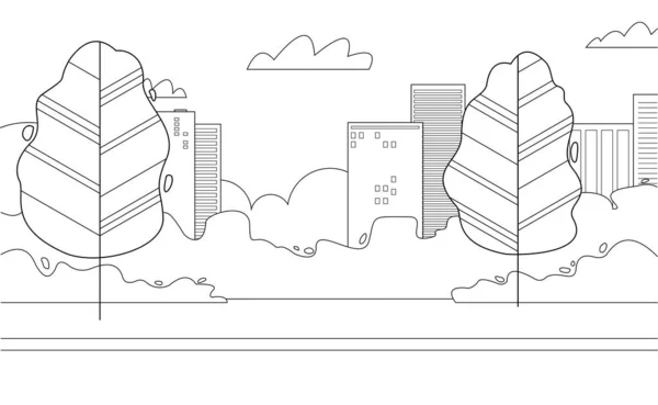都市公園のベクトル図 漫画の街の風景 塗り絵用輪郭ベクトルイラスト — ストックベクタ