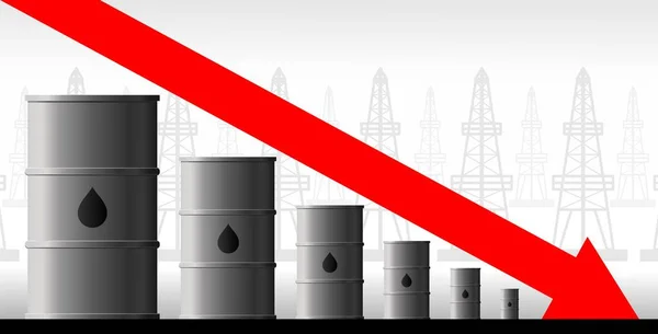 Petrol krizi konsepti. Üretim hacminde düşüş, petrol ve akaryakıt fiyatlarında düşüş. Fıçının arka planındaki kırmızı ok aşağı iniyor. Petrol kuyularından alınan arkaplan.