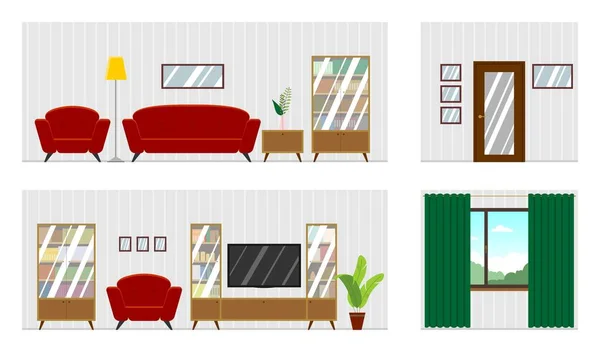 Panorama Vectorial Del Interior Sala Estar Con Muebles Escaneo Habitación — Vector de stock