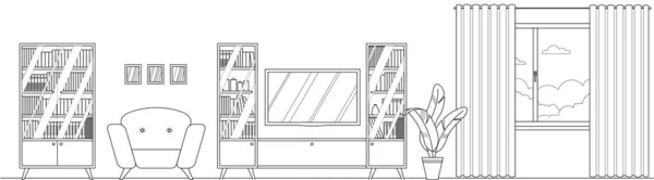 Contour Vectoriel Salon Intérieur Avec Mobilier Chaise Confortable Bibliothèque Plante — Image vectorielle