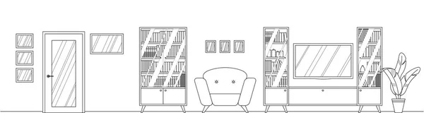Vector Kontur Wohnzimmereinrichtung Mit Möbeln Bequemer Sessel Bücherregal Fernseher Zimmerpflanze — Stockvektor