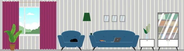 Vector Interior Sala Estar Con Muebles Cómodo Sofá Silla Librería — Vector de stock