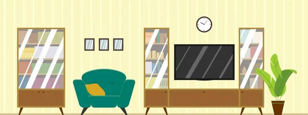 Vector Interior Sala Estar Con Muebles Cómoda Silla Sillón Librería — Vector de stock