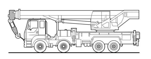 Esquema Vectorial Una Grúa Camión Coche Con Grúa Vista Lateral — Vector de stock