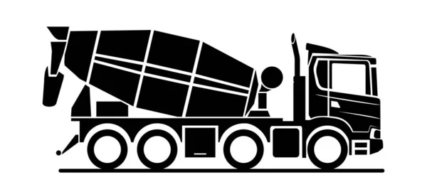 Beyaz arka planda siyah vektör beton karıştırıcı simgesi, yan görüş. Çimento karıştırıcı kamyonu. Logo için şık bir simge. Modern düz vektör illüstrasyonu.
